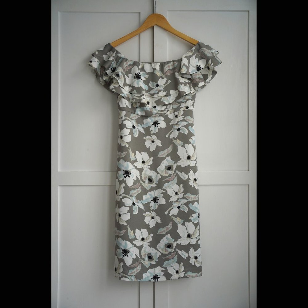EUC Banana Republic Floral Off-The-Shoulder Midi Dress, Grey Floral, 0
